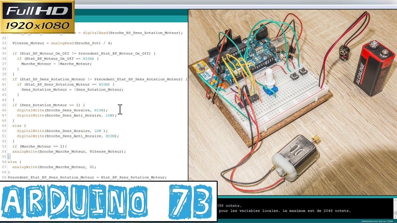 Arduino73-PROGRAMME pour CONTRÔLER le SENS de ROTATION et la VITESSE du MOTEUR CC avec un PONT en H