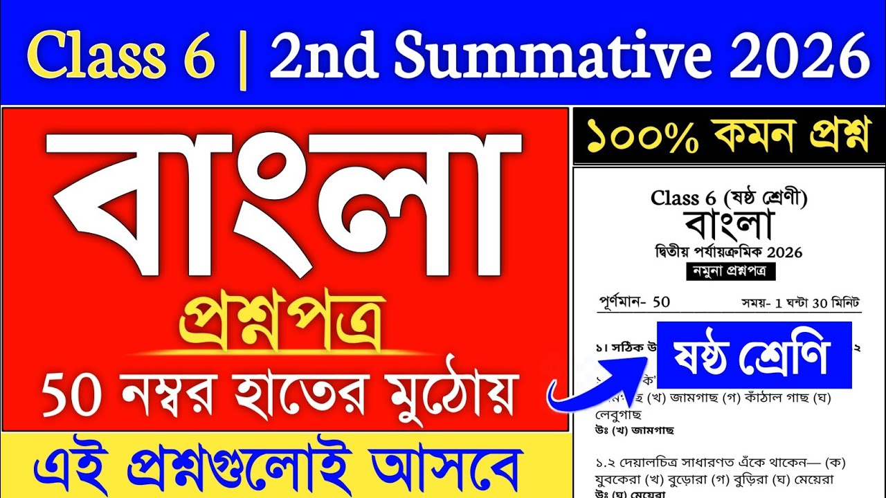 Class 6 Bengali 2nd Unit Test Question Paper 2026 | class 6 bengali 2nd summative test question 2026