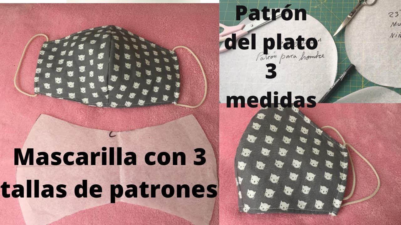 Mascarilla, tapabocas, con los patrónes del plato 3 medidas