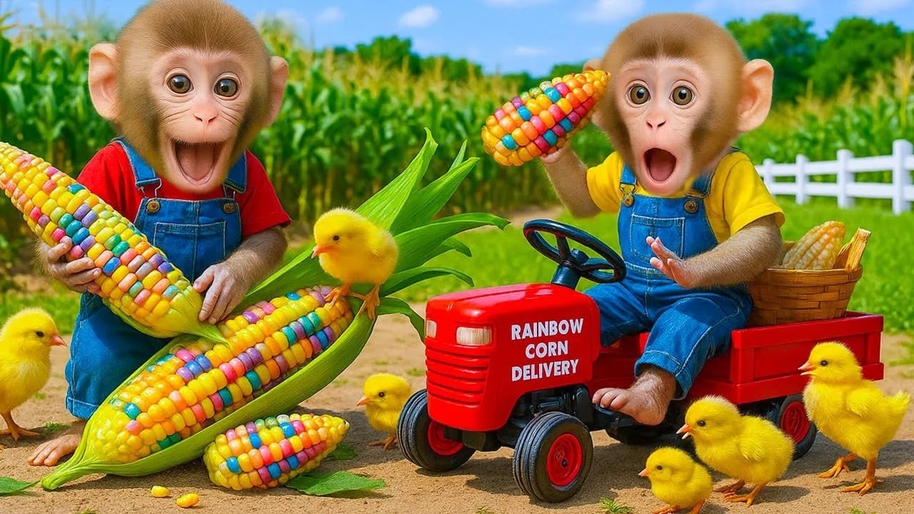 Monyet Lila panen jagung pelangi bersama adik monyet dan ayam