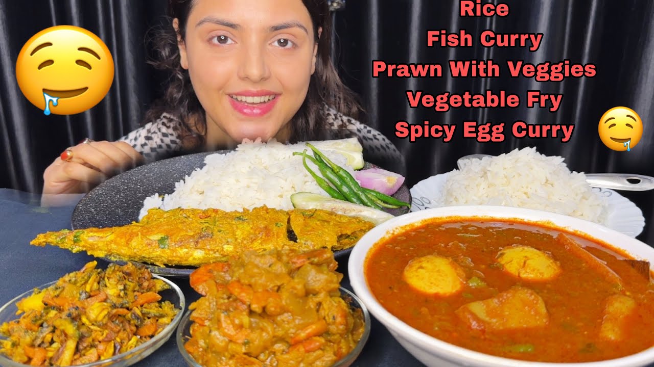 Mukbang Eating Spicy Egg Curry, Fish Curry, Prawn with Veggies, Rice | ASMR *Eating Show*
