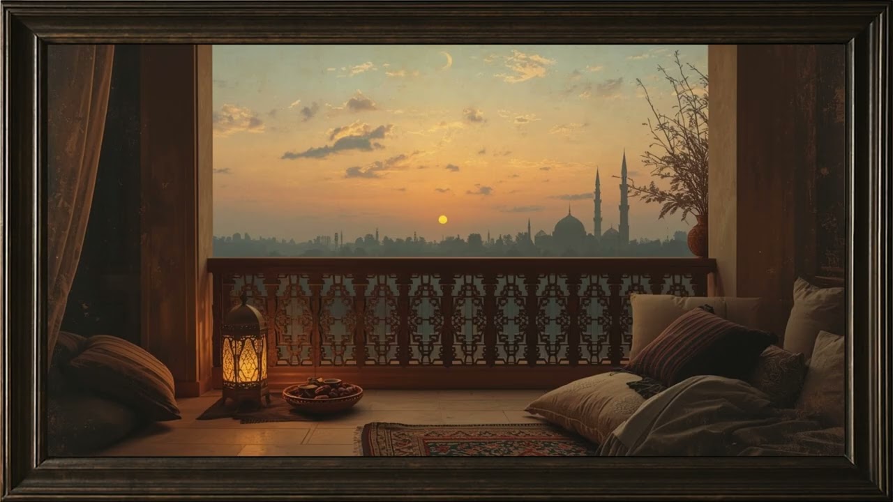 Ramadan Balcony Sunset Ambience | Luxury Mosque & Lantern Evening Scene | 1 Hour 4K TV Frame Art