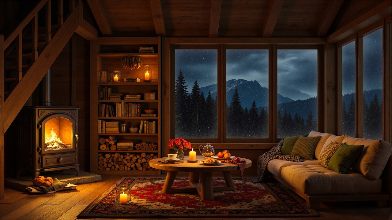 Tranquil Rainy Jazz In Cozy Cabin Ambience | Warm Fireplace Sounds & Heavy Rain for Work & Relax