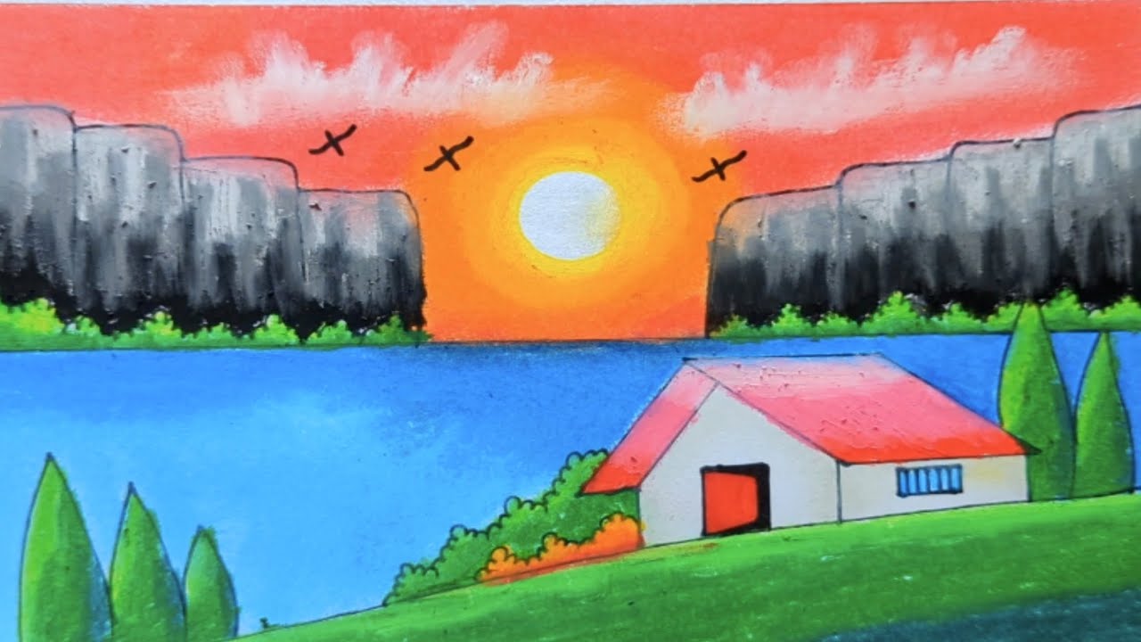 How to Draw Beautiful Sunset Lake Scenery Drawing | Easy Village Landscape Drawing for Beginners