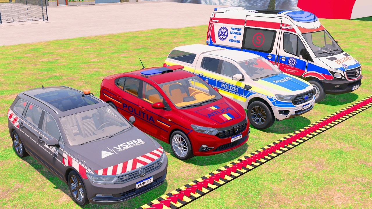 TRANSPORTING POLICE CARS, AMBULANCES & FIRE TRUCK WITH MAN EYE TRUCKS ! FS 22 #8