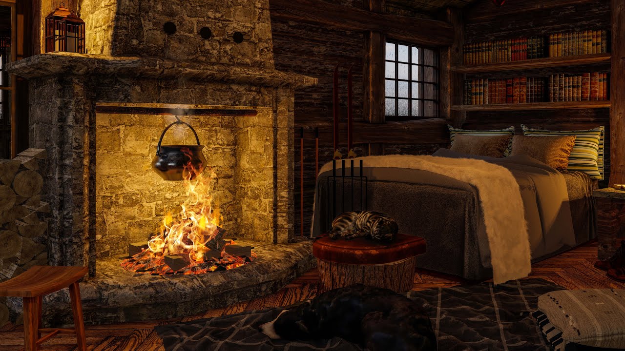 Deep Sleep in a Hunting Cabin - Blizzard Sounds and Wood Fire Crackle #SleepAmbience #WindBlizzard