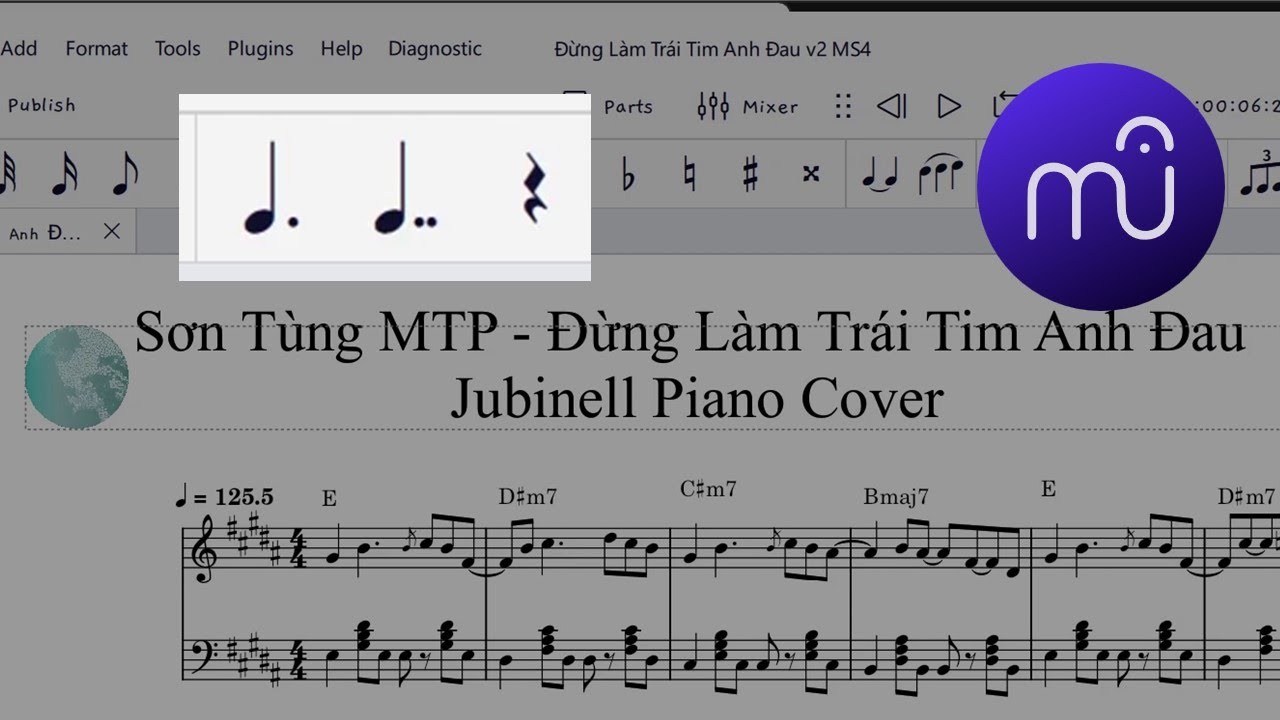 Как добавить ноты с двойной точкой в ​​Musescore 4?