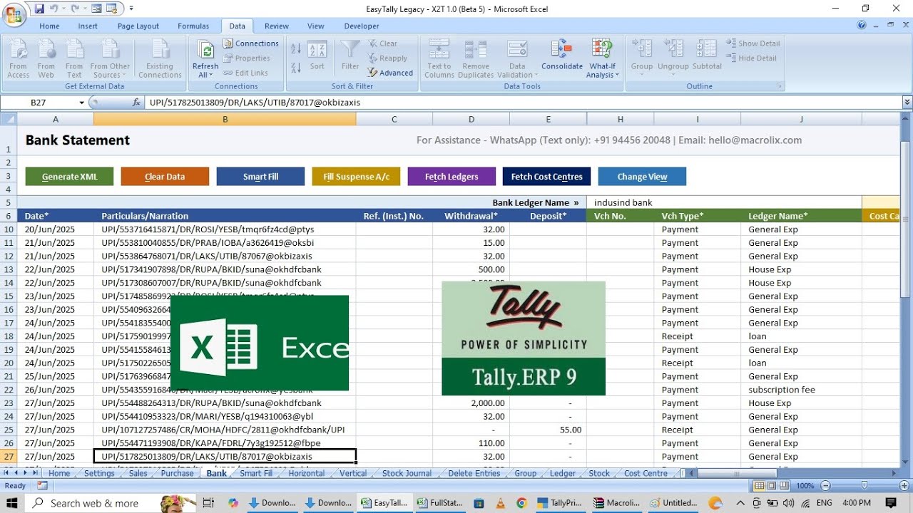 Automate bank and sales  entries excel to tally through macrolix template