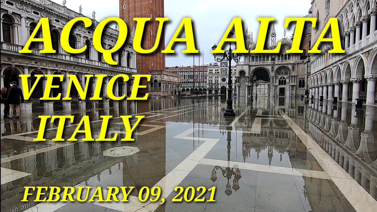 ACQUA ALTA A VENEZIA, ITALIA. FLOOD IN VENICE ITALY. FEBRUARY 09, 2021 St. Mark's square.