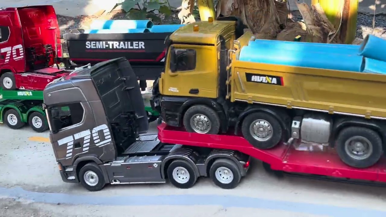 PART 44 RC Huina Dump Truck - Scania 770 Dump Trailer Transport Steel And Drive On The Bridge WATER