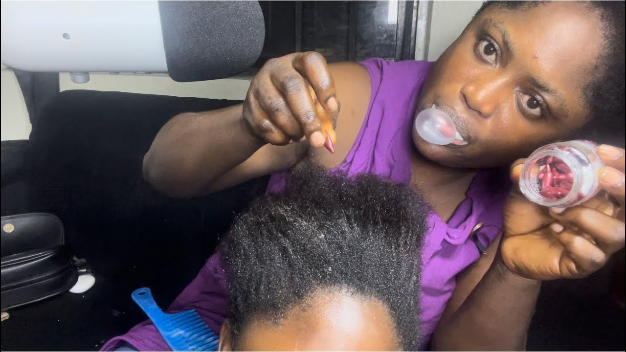 Asmr✨Vitamin E oil capsule application on my sisters scalp gum chewing and hair parting sound.