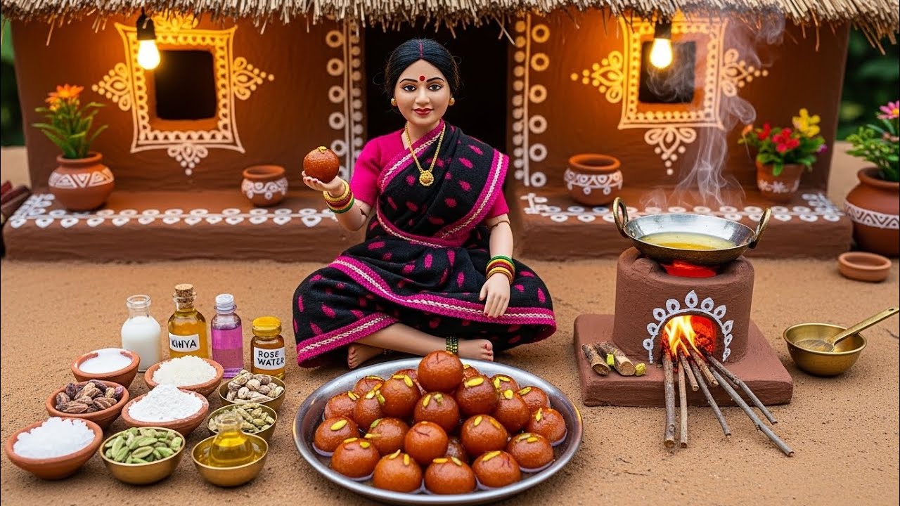 Miniature Doll Gulab Jamun Cooking ASMR | Indian Village Tiny Kitchen Sweet Dessert | Miniature vlog