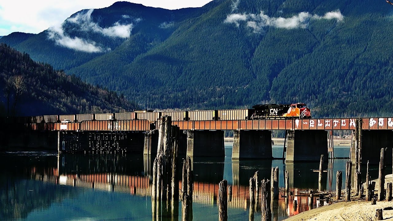 Back To Back CN Trains Over Harrison Mills Interlocking Bridge - CP Cascade Sub