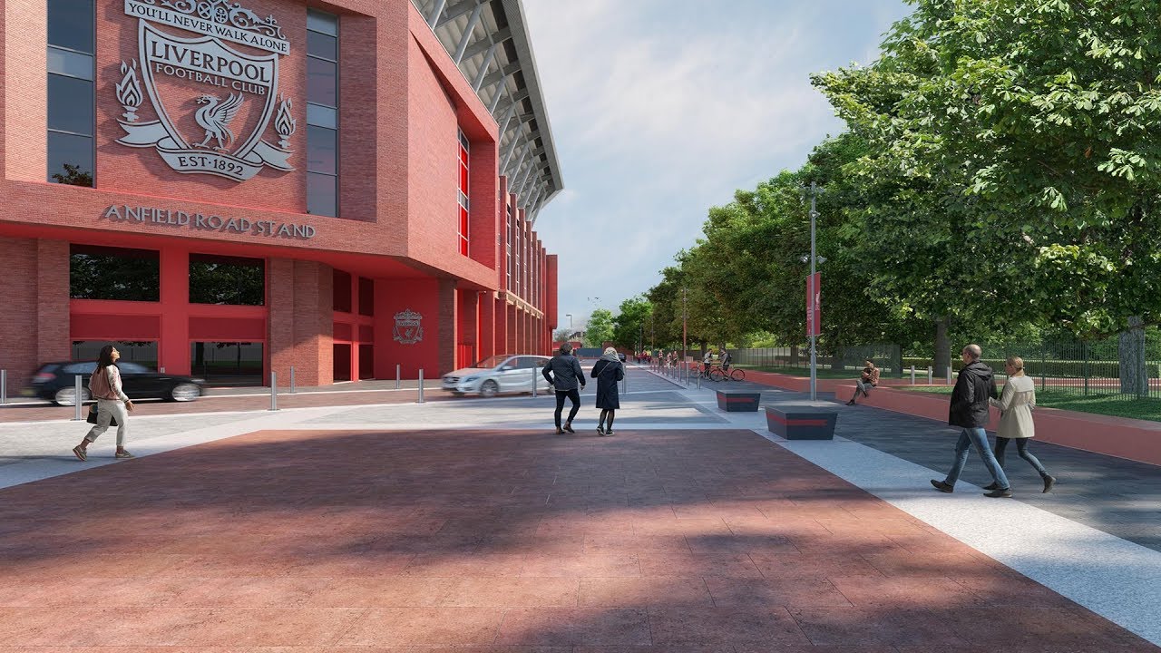 Liverpool FC reveals updated plans for the expansion of the Anfield Road stand at its stadium.