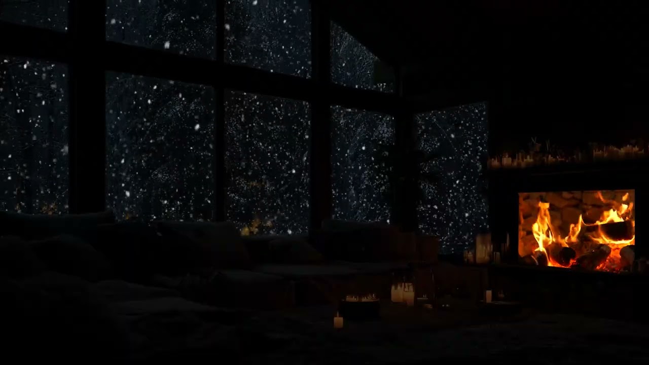 Winter Serenity ❄️ Warm Fireplace and Snowy Scenery Outside Create the Perfect Relaxing Space