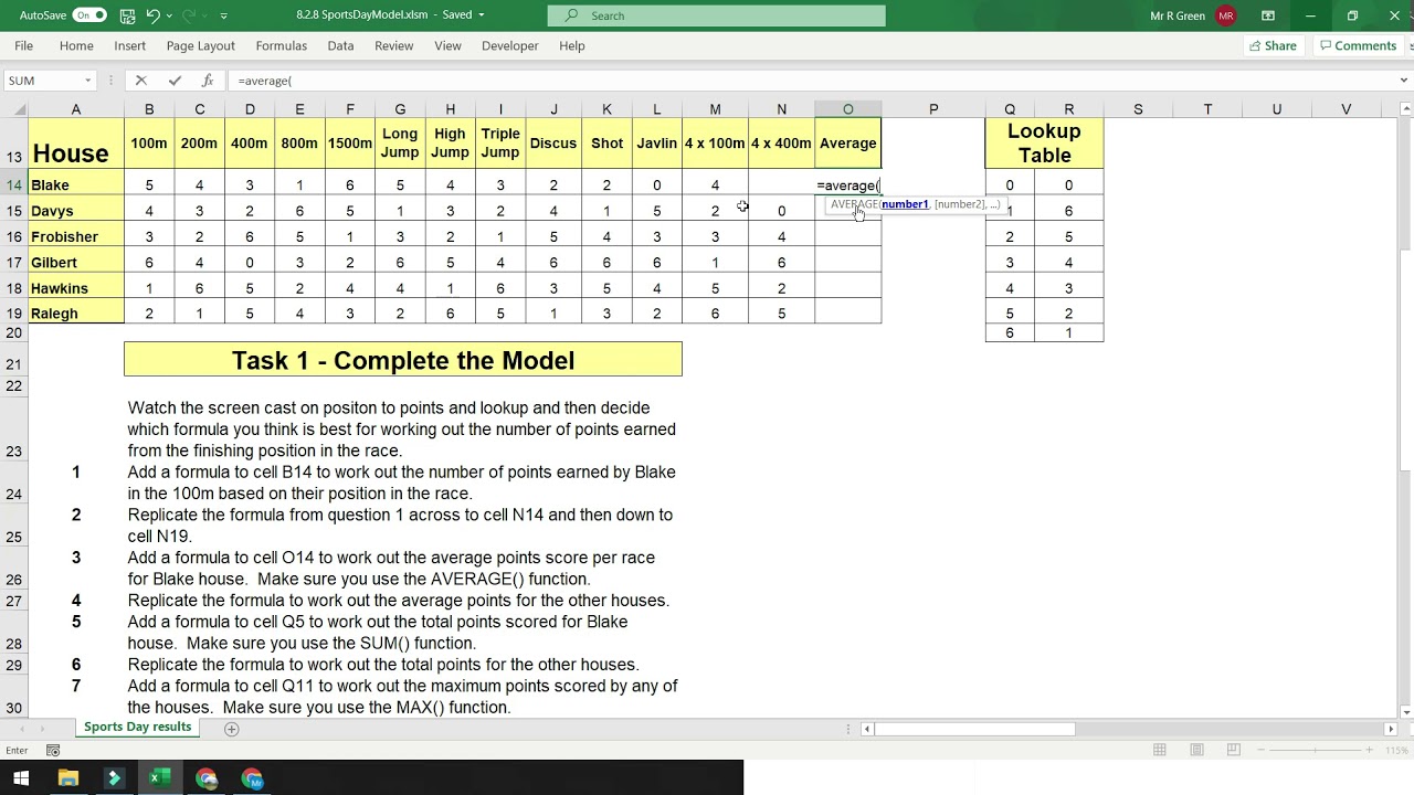 Sports day model using the AVERAGE function