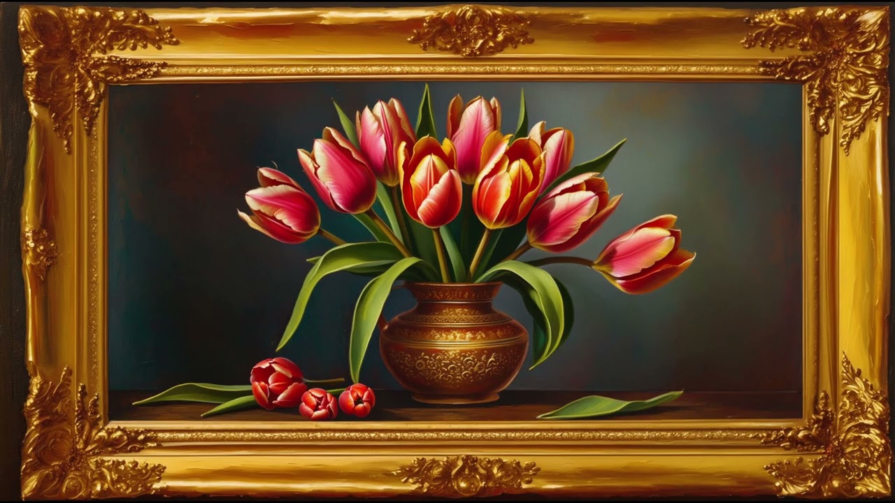 Vintage Painting of Red Tulips with a Gold Frame - Framed Vintage TV Art
