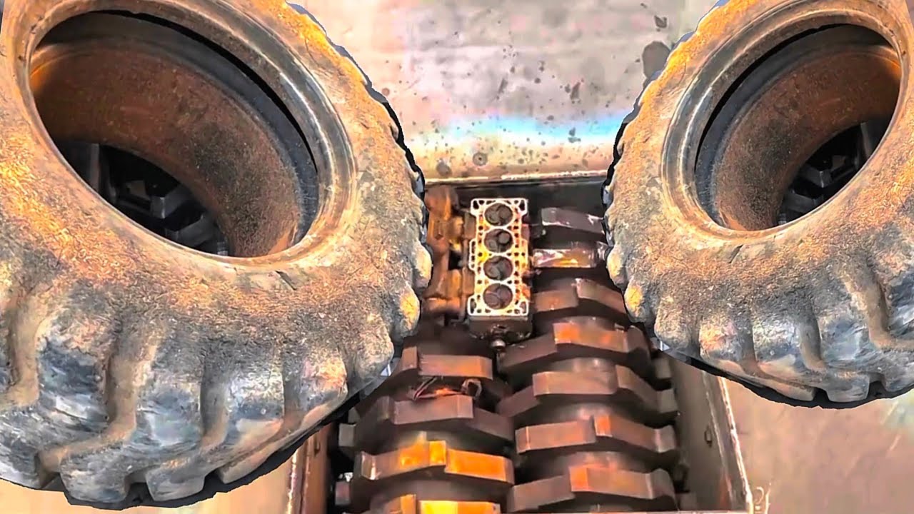 Shredder vs Giant vehicle tyres, Metal things! Extreme metal shredder