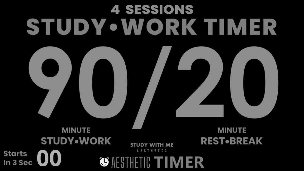 DARK Mode, Pomodoro 90/20 Study Timer, 4 Sets, 90 Minute Study Timer, Gentle Alarm, No Music