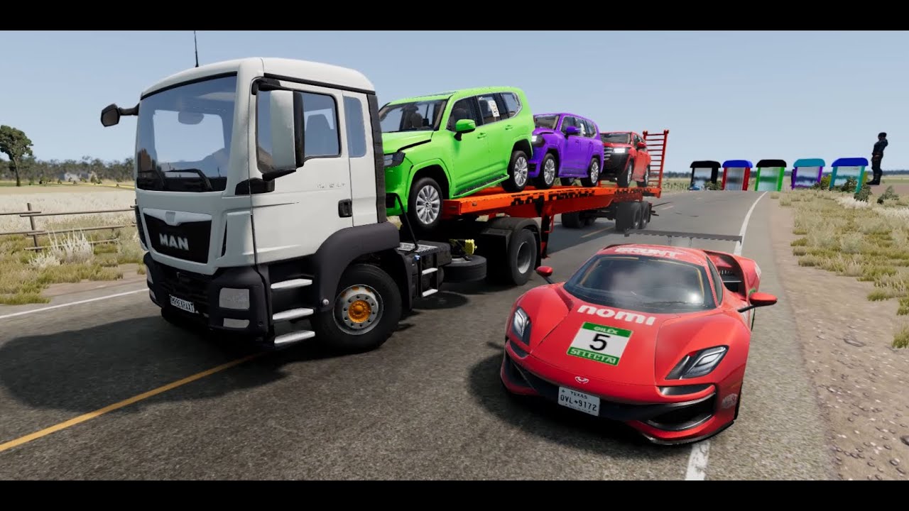 TRANSPORTING PIXAR CARS & FRUITS WITH COLORED & JOHN DEERE vs CLAAS vs TRACTORS - BeamNG.drive