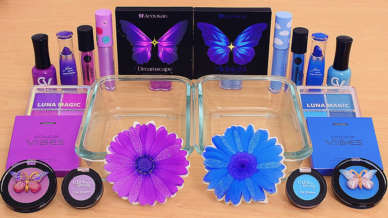 Purple vs Blue - Mixing Makeup Eyeshadow Into Slime ASMR