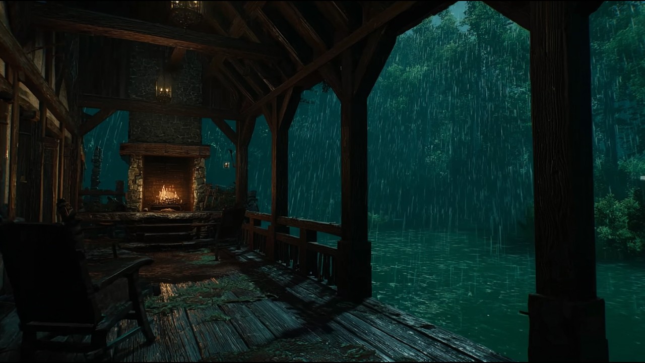 Midnight Rain on a Cabin Porch | 3 Hours of Relaxing Fire and Rain Ambience for Focus 4K