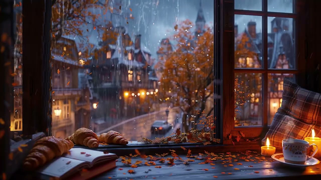 Rain Outside the Window at a Cozy Café Creating a Perfect Mood for Quiet Productivity