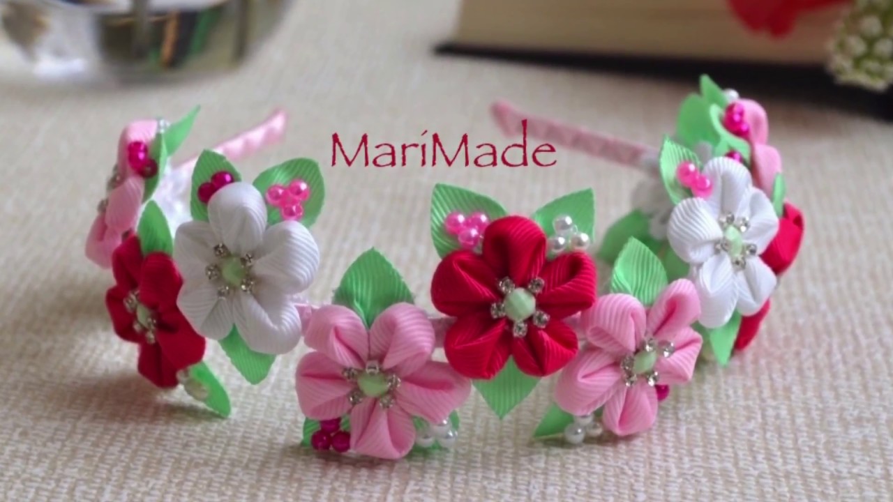 Канзаши Ободок Цветы из Ленты МК Kanzashi Flower Flores Headband カンザシ