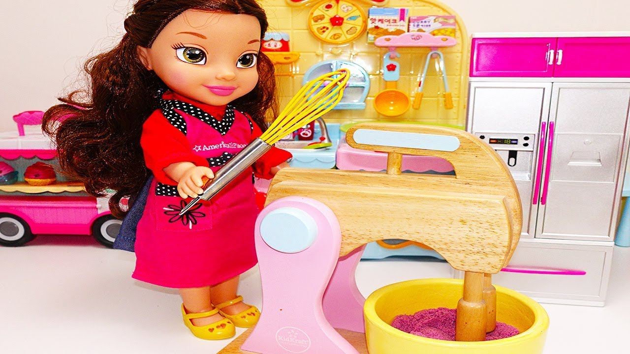 Doli bakes cake with toy kitchen set and tools pretend playtime