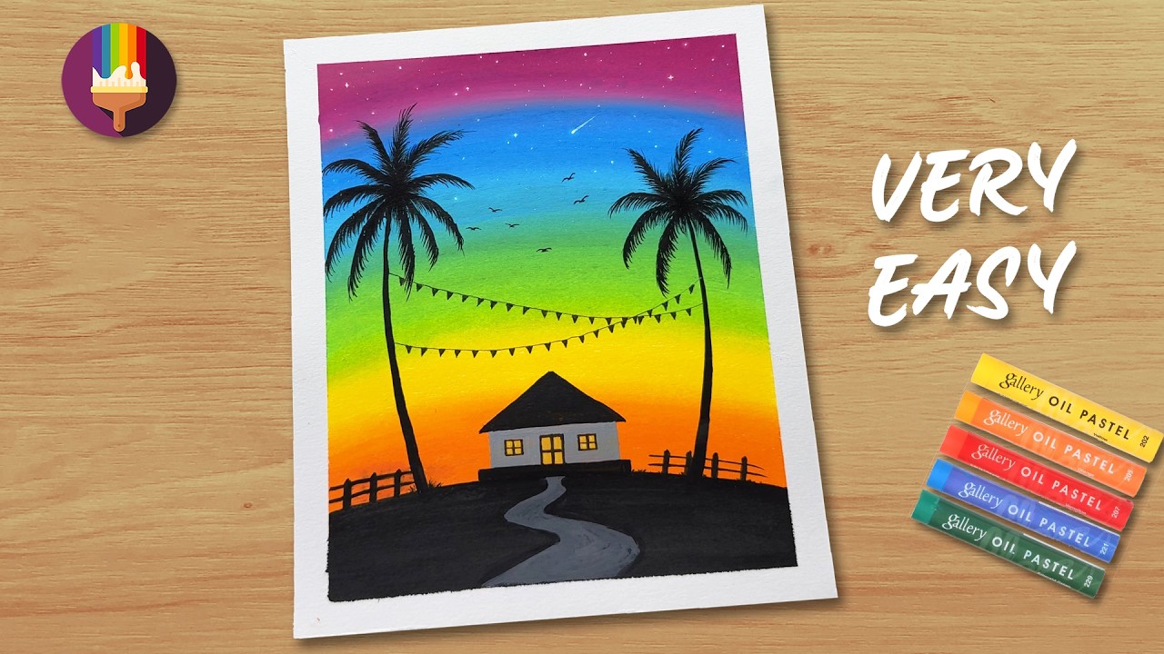 Easy Rainbow Landscape Drawing for Beginners | Oil Pastel Scenery with Small House & Coconut Trees