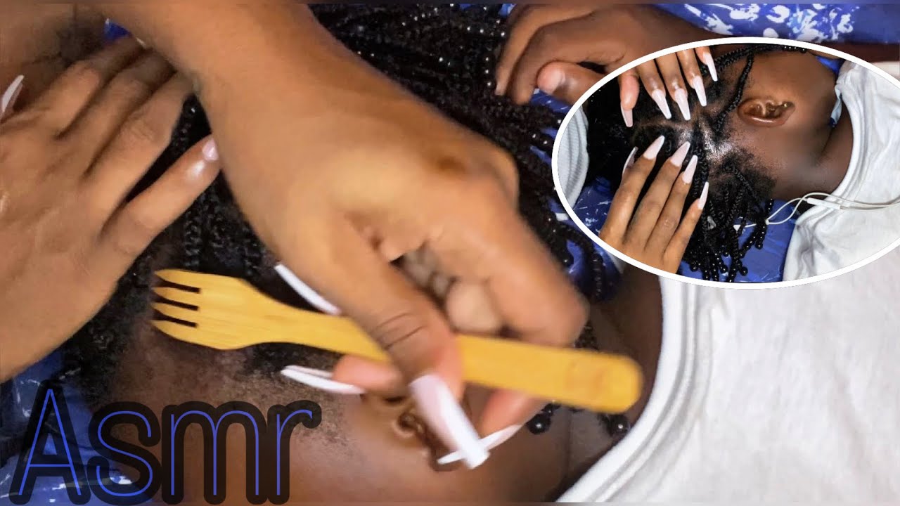 Asmr// relaxing scalp hair scratch with finger nails X wooden fork// plus scalp treatment massaging