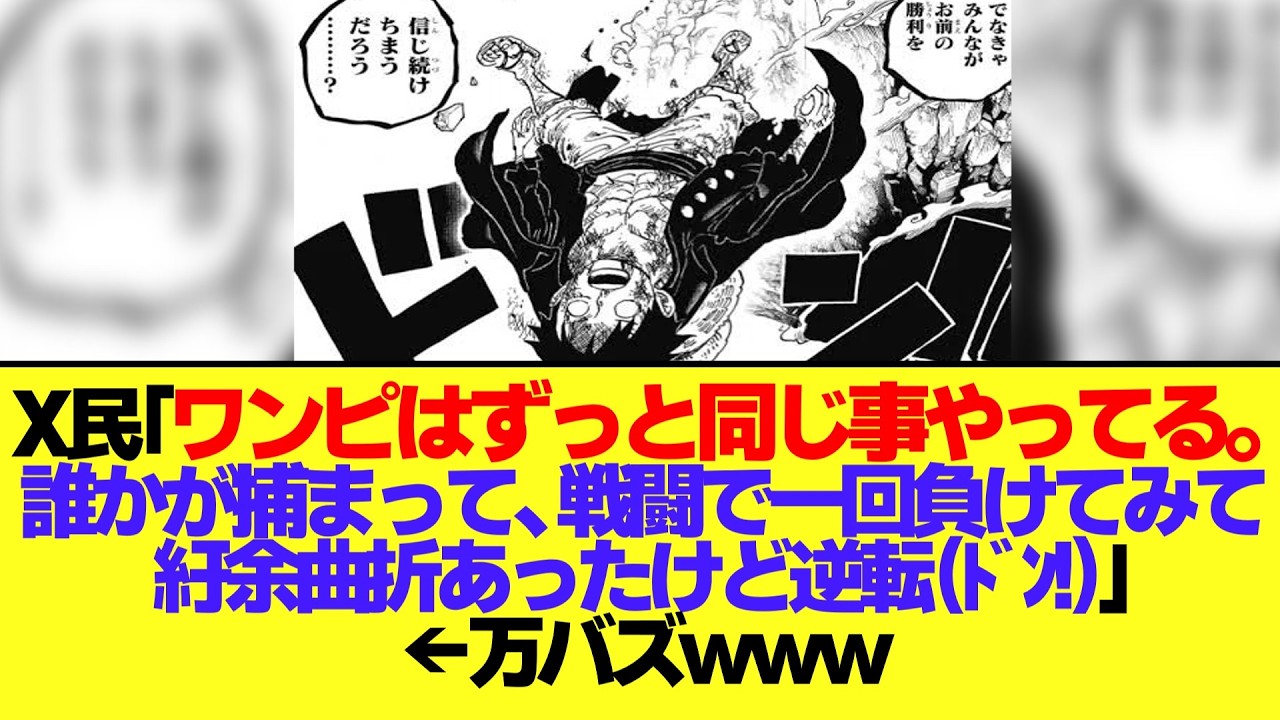 X民「ワンピはずっと同じ事やってる。誰かが捕まって、戦闘で一回負けてみて、紆余曲折あったけど逆転（ﾄﾞﾝ!）」👈万バズしてしまうwww