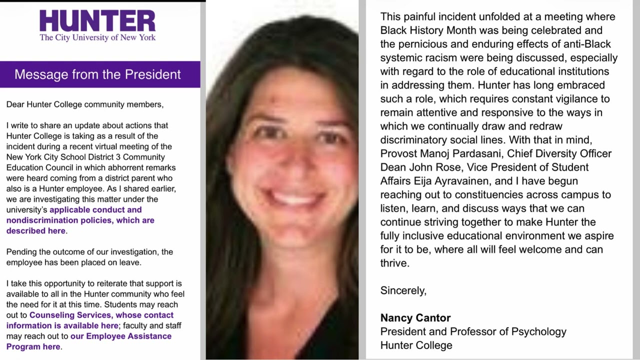 Hunter College placed Allyson Friedman after racist remarks were made via Zoom