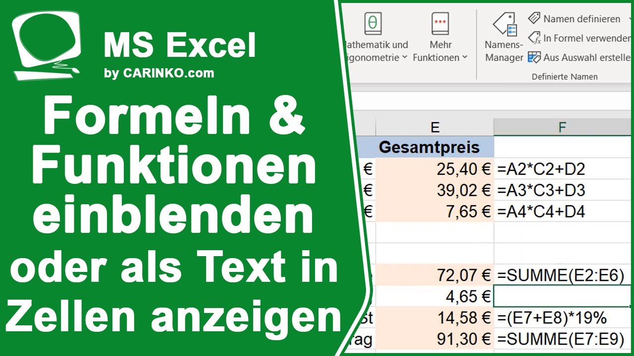 Microsoft Excel Formeltext in den Zellen anzeigen - carinko.com