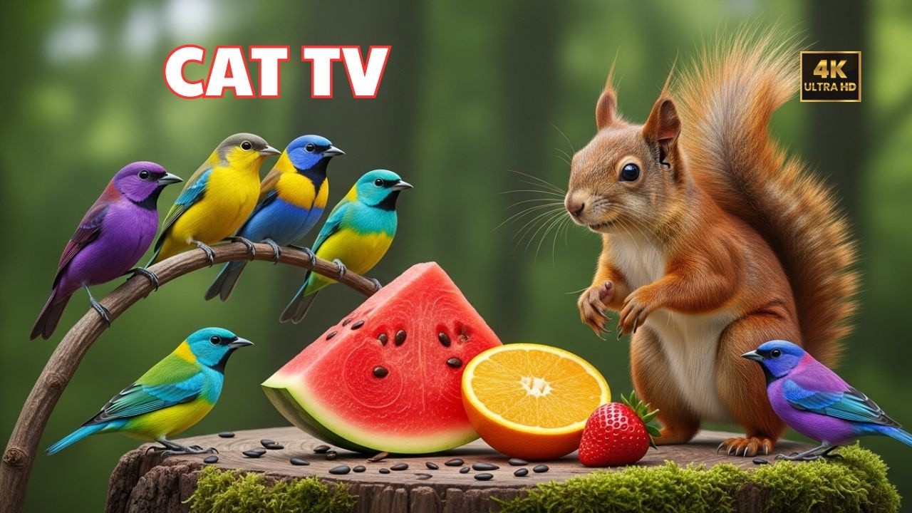 [NO ADS] Color Bird & Squirrel Feast | Calming Cat TV | Video for cats to watch 4K HDR