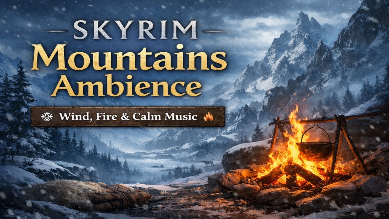 Skyrim Mountains Ambience | Wind, Fire & Calm Music