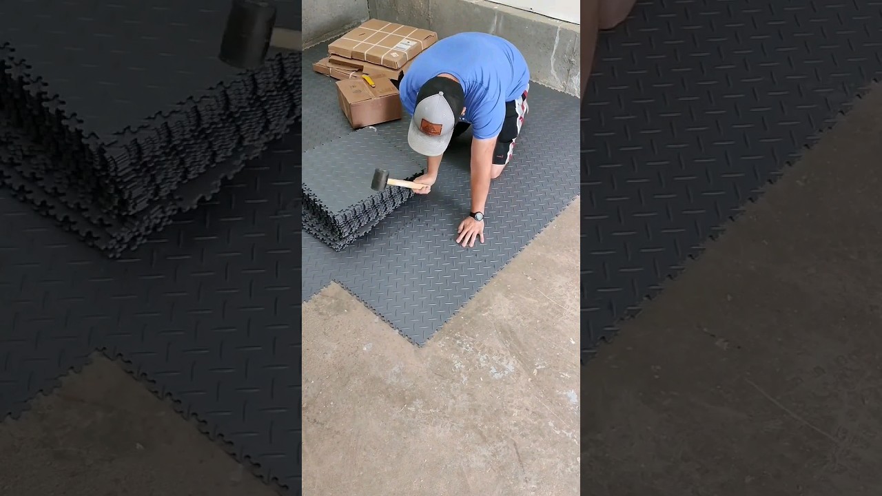 adding new tiles to upgrade the garage floor #garage #floortiles #garage #garageshop #epoxysucks