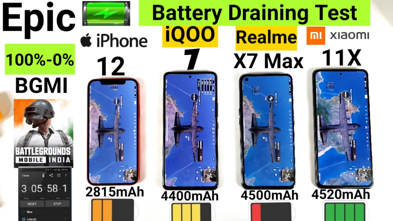 Realme X7 Max vs iQOO 7 vs iPhone 12 vs Mi 11X BGMI Battery Draining 100%-0%  Heating Test🔥🔥🔥