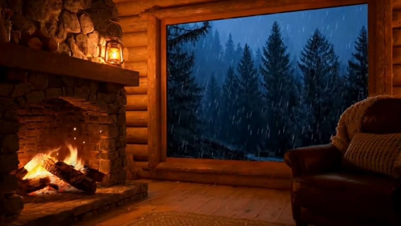1 HOUR Cozy Cabin Fireplace & Rain 🌧️🔥 Relaxing Forest Night Ambience for Sleep