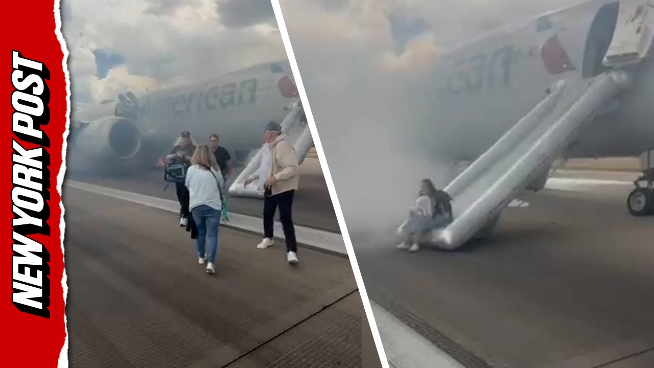 CHAOTIC scene as panicked passengers escape plane engulfed in smoke and flames in Denver