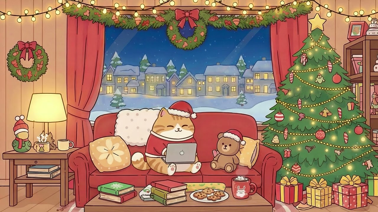 Lofi Cat’s Winter Reading Night 🎄📖 Cozy Café Lofi by the Fireplace ☕ Relaxing Music for Work & Study