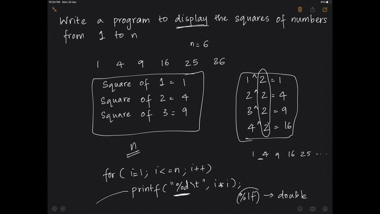 Print square of numbers from 1 to n