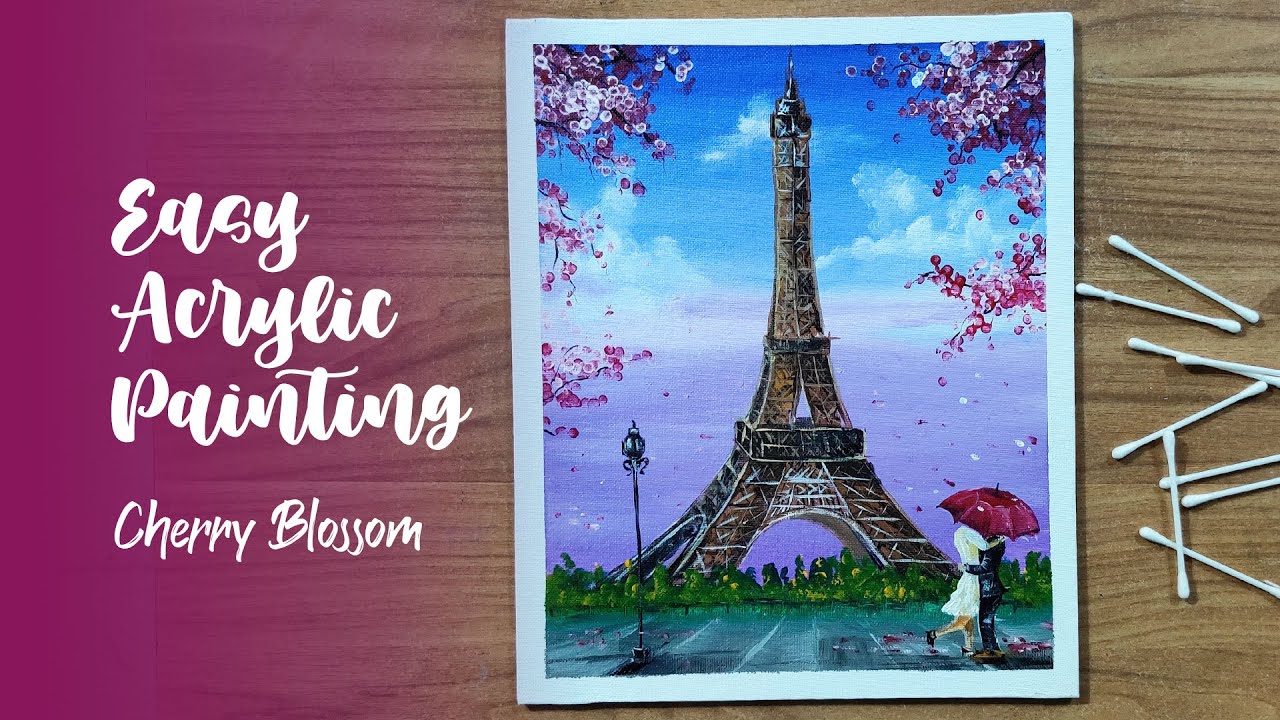Eiffel Tower Acrylic Painting | Cherry Blossom | Cotton Swab Technique | Painting For Beginners