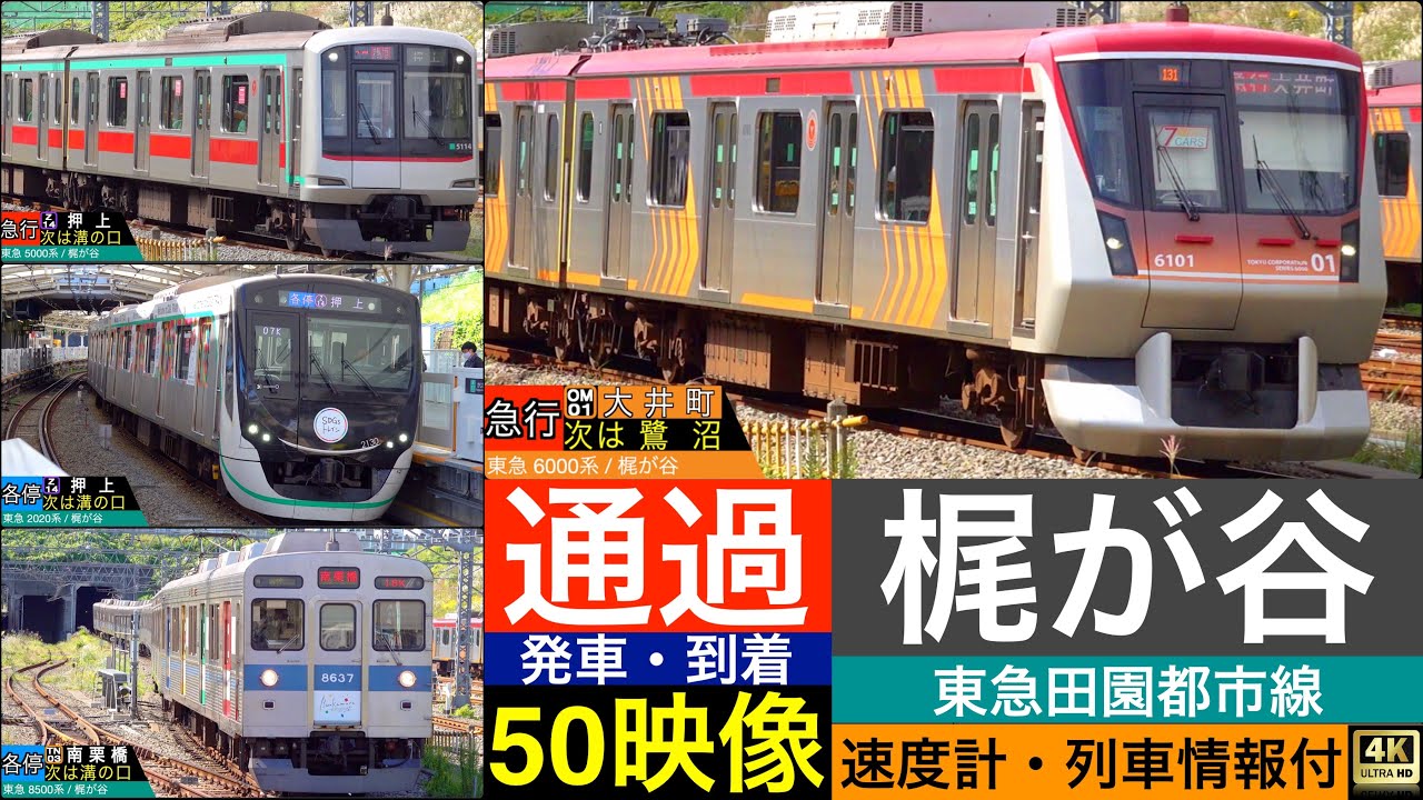 4K / 東急 田園都市線 梶が谷駅 / 急行, 準急, 各駅停車, 高速通過 発車, 到着 [列車情報,速度計付き]