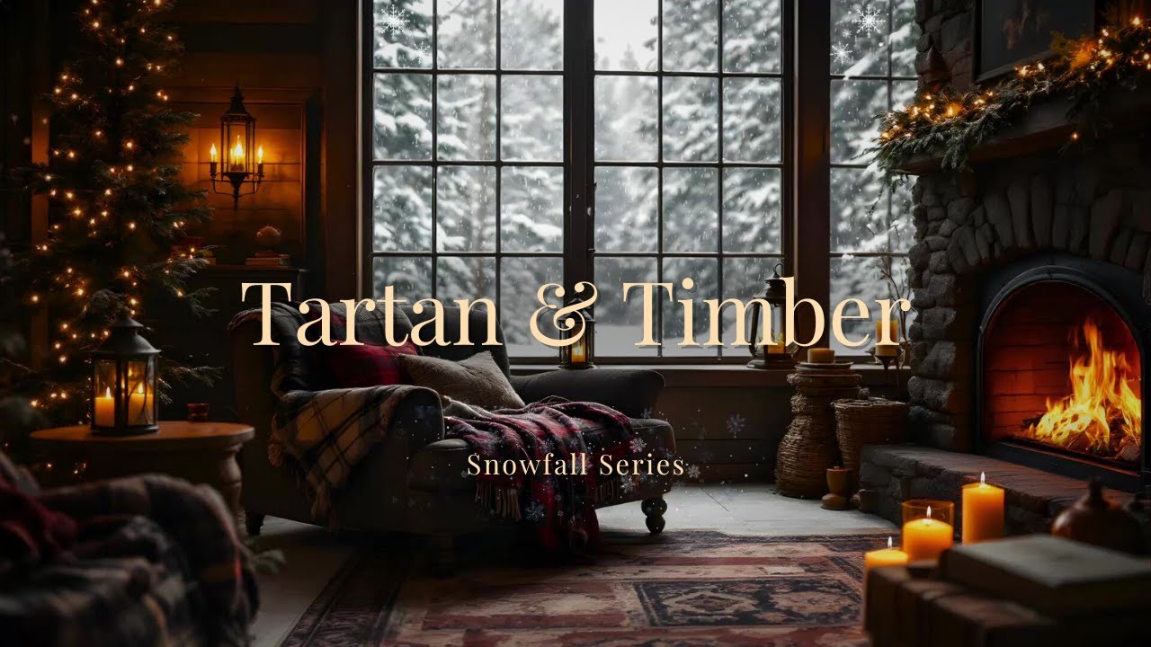 Tartan & Timber Retreat: Cozy Winter Lodge Fireplace & Snowfall
