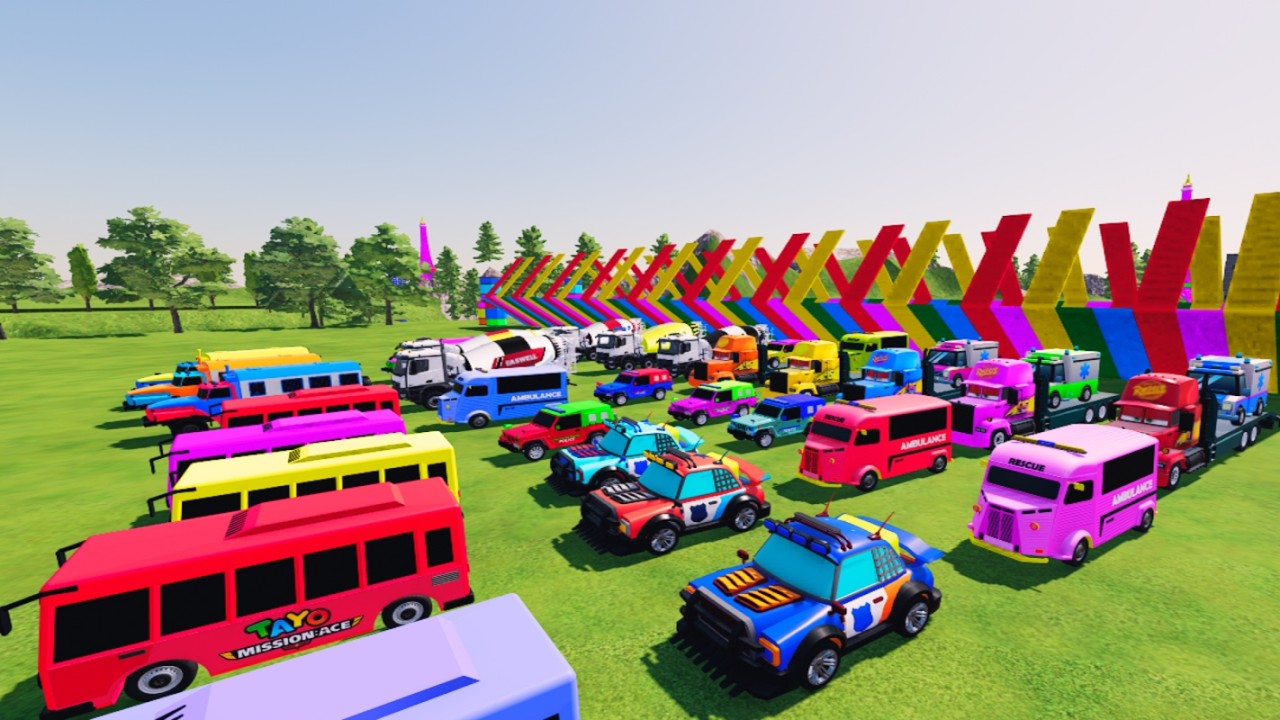 TRANSPORTING ALL CARS, AMBULANCE, POLICE CARS, FIRE TRUCK OF COLORS! WITH TRUCKS! - FS 22