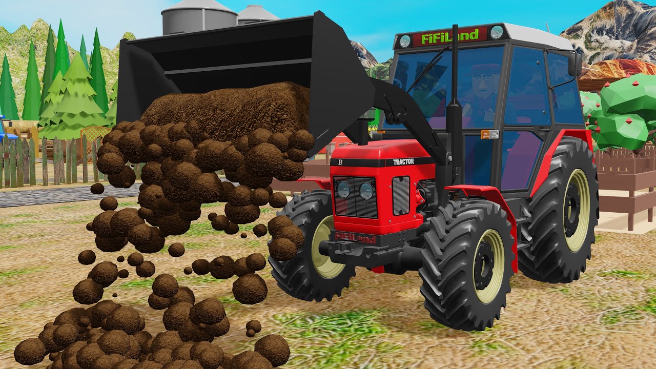 Color Tractor with Two Trailers, Tools and Lots of Work - Building a Sturdy Doghouse on the Farm