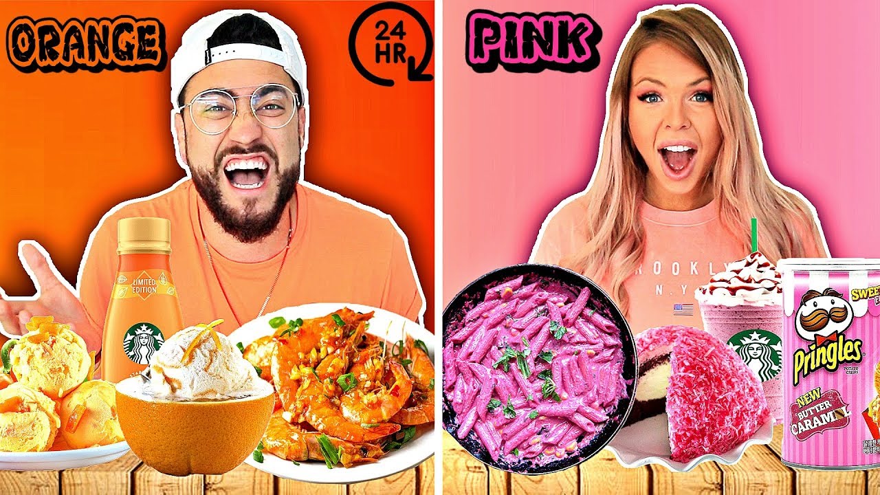 Only Eating ORANGE & PINK Foods For 24 HOURS !! (IMPOSSIBLE FOOD CHALLENGE) ft. HunniBee