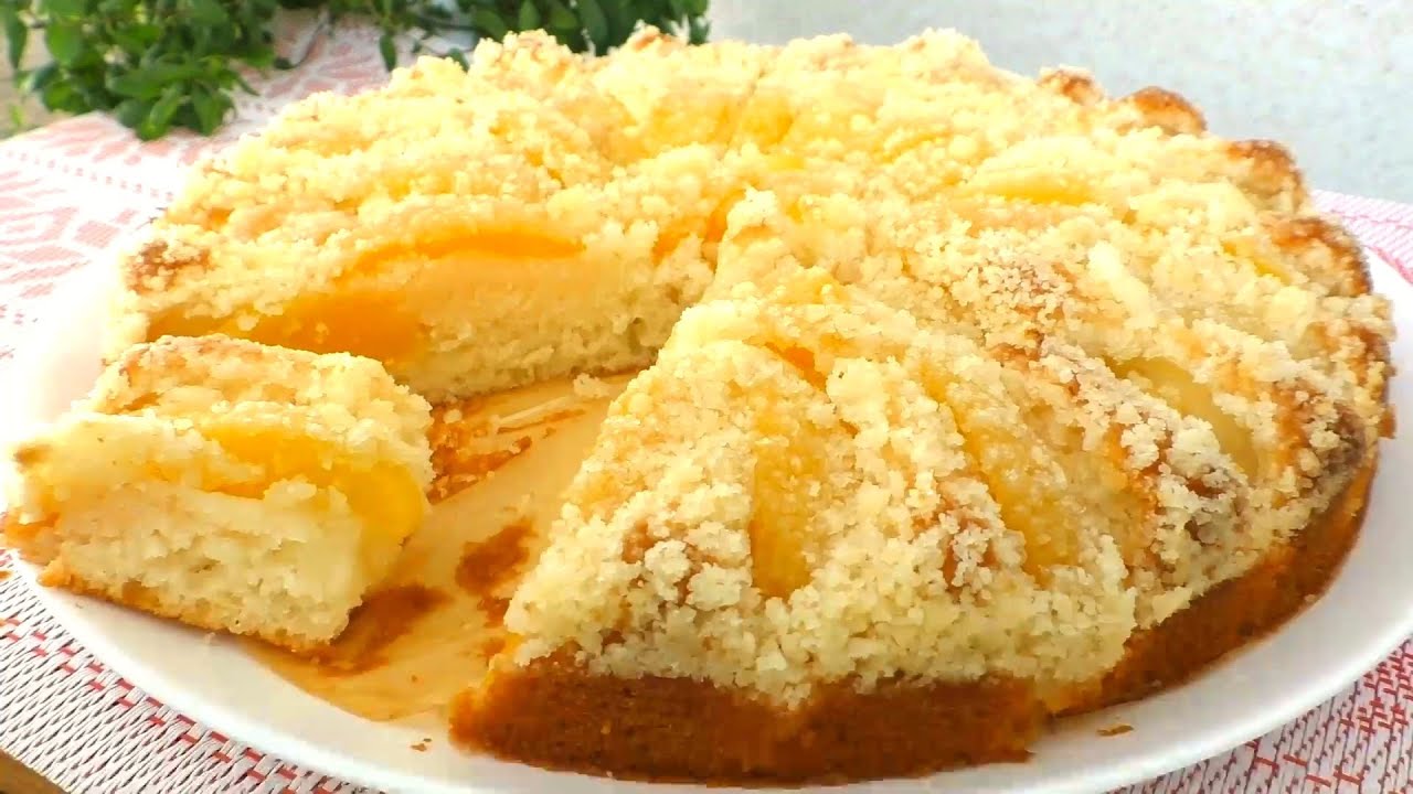 Безумно вкусный нежный пирог с персиками из самых простых и доступных продуктов, постный рецепт
