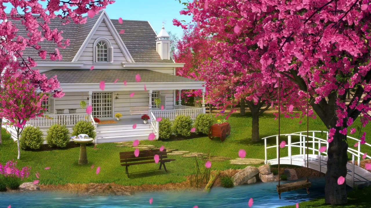 🌸 🌞 SPRING COTTAGE AMBIENCE WITH CHERRY BLOSSOMS: Trickling Stream Sounds, Birdsong, Nature Sounds